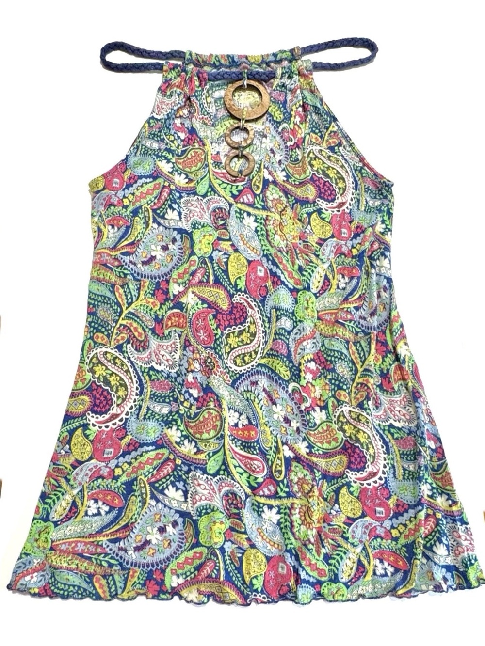 FREE PEOPLE Mini Dress - Sleeveless Paisley Tunic Top Wood Rings Rope Strap